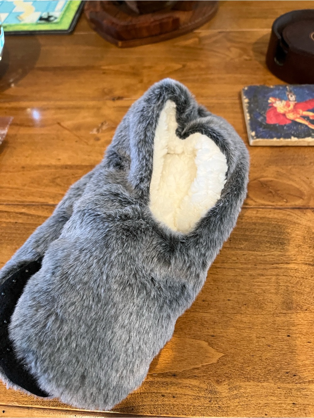 Auden Gray Faux Fur Slip-On Slippers with Cream Sherpa Interior